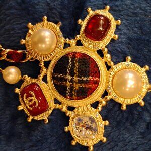 Chanel Paris Edinburgh CC Pendant Necklace Red Tartan Woven Chain w/ Dust Cover